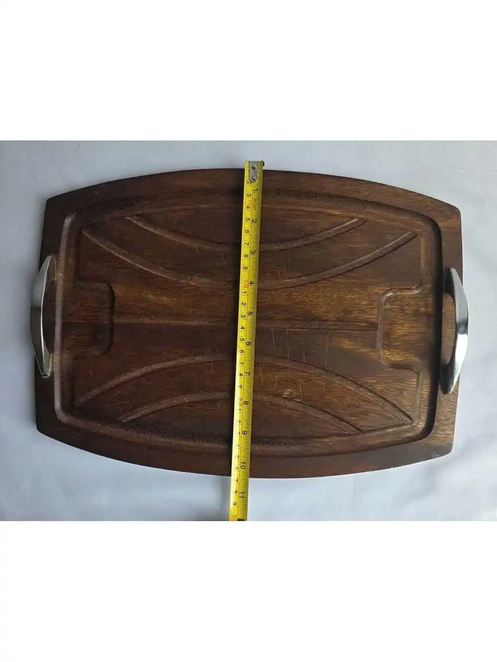 Vintage Wooden Serving Tray w/ Metal Handles Carved Design Solid Wood